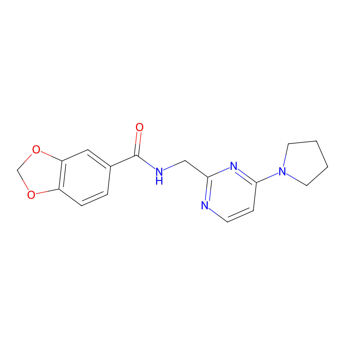 N-((4-(pyrrolidin-1-yl)pyrimidin-2-yl)methyl)benzo[d][1,3]dioxole-5-carboxamide molecular structure, CAS 1797973-15-9