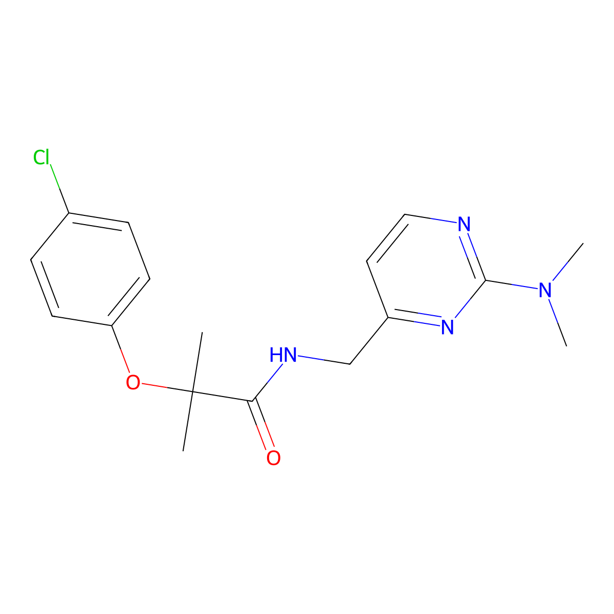 2-(4-chlorophenoxy)-N-{[2-(dimethylamino)pyrimidin-4-yl]methyl}-2-methylpropanamide molecular structure, CAS 1797974-03-8