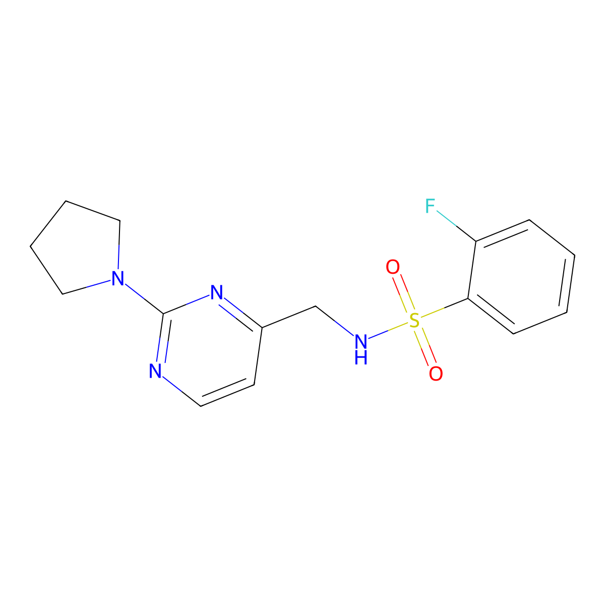2-fluoro-N-((2-(pyrrolidin-1-yl)pyrimidin-4-yl)methyl)benzenesulfonamide molecular structure, CAS 1797974-55-0