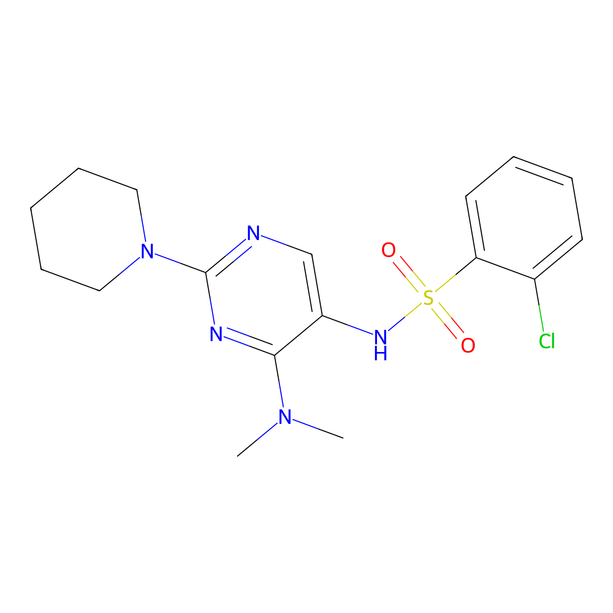 2-chloro-N-(4-(dimethylamino)-2-(piperidin-1-yl)pyrimidin-5-yl)benzenesulfonamide molecular structure, CAS 1797975-27-9