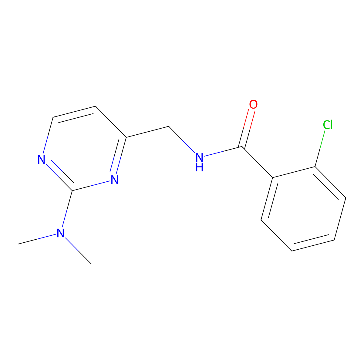 2-chloro-N-((2-(dimethylamino)pyrimidin-4-yl)methyl)benzamide molecular structure, CAS 1797975-57-5