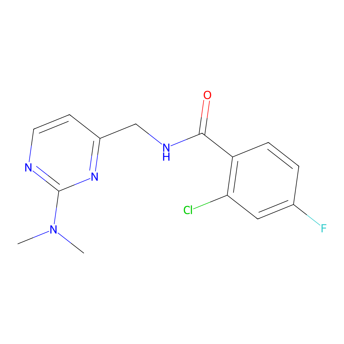 2-chloro-N-{[2-(dimethylamino)pyrimidin-4-yl]methyl}-4-fluorobenzamide molecular structure, CAS 1797975-65-5
