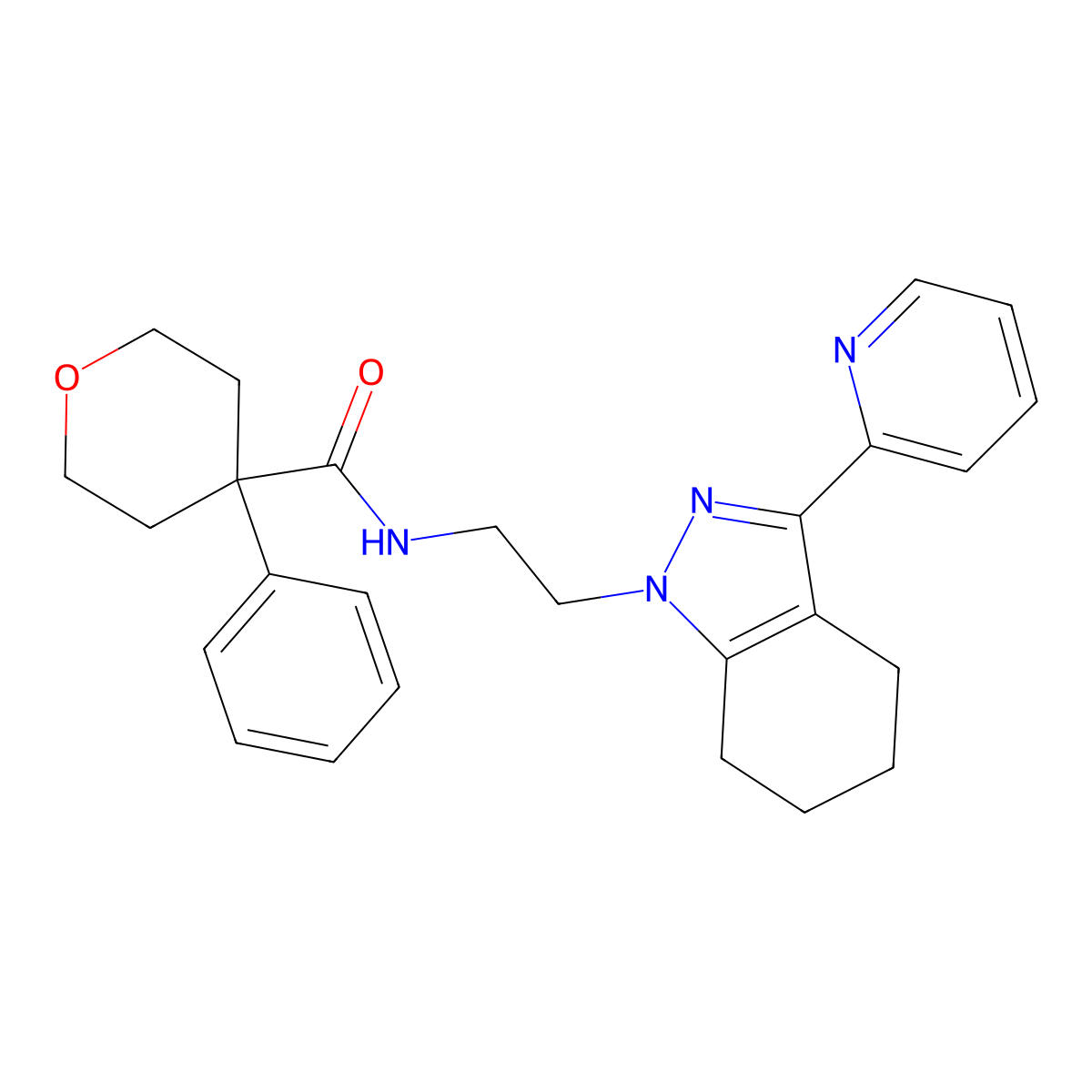 4-phenyl-N-(2-(3-(pyridin-2-yl)-4,5,6,7-tetrahydro-1H-indazol-1-yl)ethyl)tetrahydro-2H-pyran-4-carboxamide molecular structure, CAS 1797975-93-9