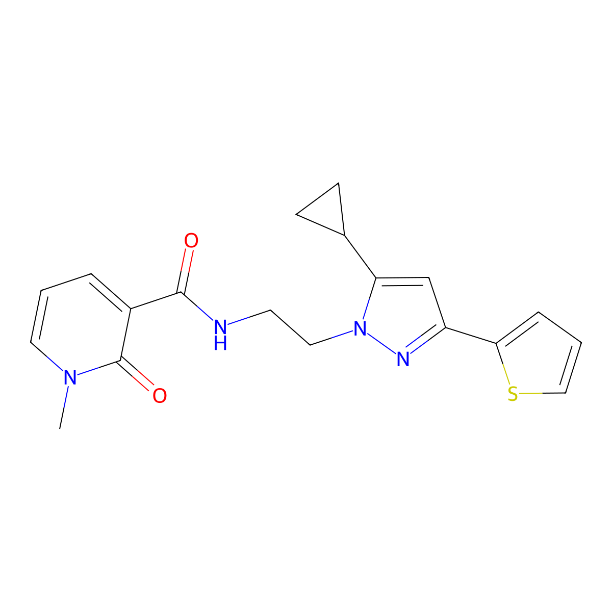 N-{2-[5-cyclopropyl-3-(thiophen-2-yl)-1H-pyrazol-1-yl]ethyl}-1-methyl-2-oxo-1,2-dihydropyridine-3-carboxamide molecular structure, CAS 1797976-35-2