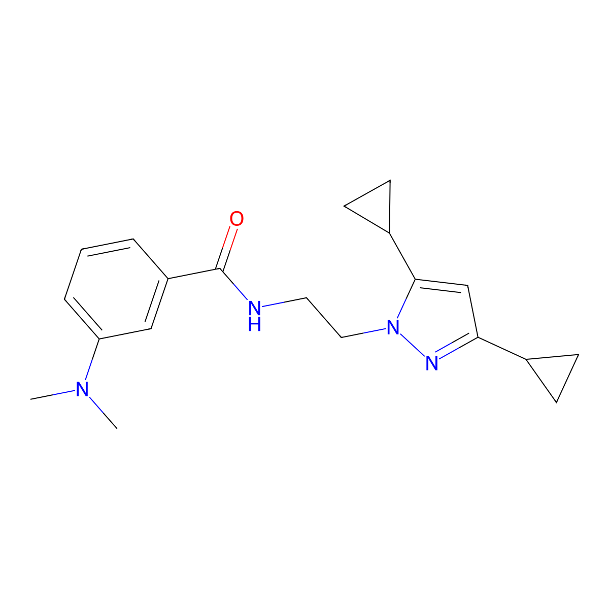 N-[2-(3,5-dicyclopropyl-1H-pyrazol-1-yl)ethyl]-3-(dimethylamino)benzamide molecular structure, CAS 1797976-36-3