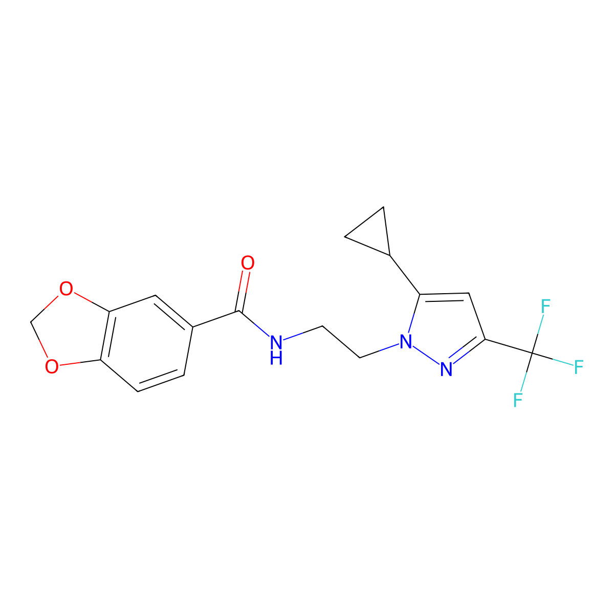 N-(2-(5-cyclopropyl-3-(trifluoromethyl)-1H-pyrazol-1-yl)ethyl)benzo[d][1,3]dioxole-5-carboxamide molecular structure, CAS 1797976-43-2