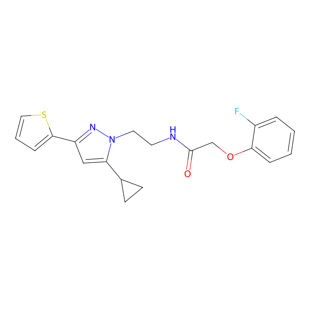 N-{2-[5-cyclopropyl-3-(thiophen-2-yl)-1H-pyrazol-1-yl]ethyl}-2-(2-fluorophenoxy)acetamide molecular structure, CAS 1797976-46-5