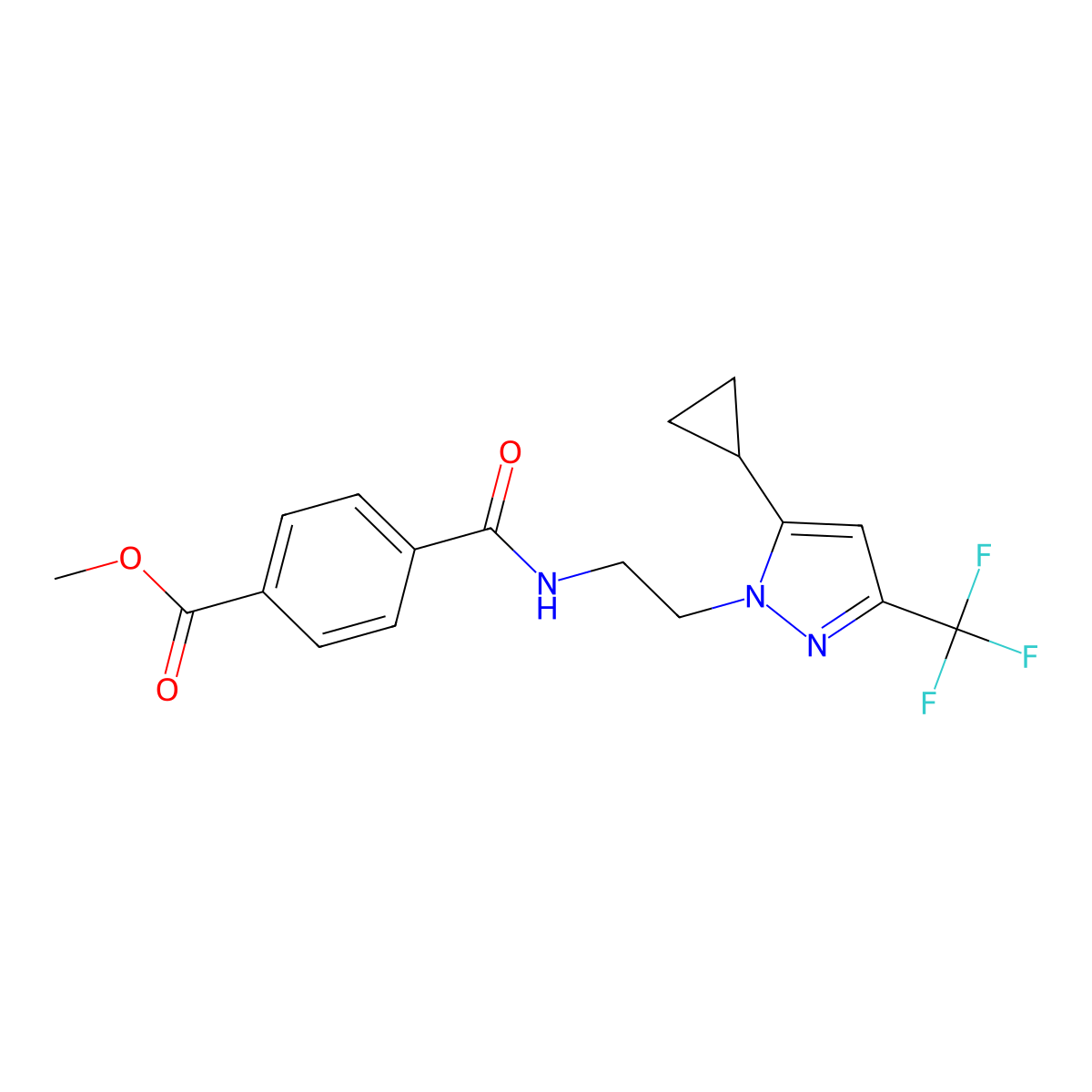 methyl 4-({2-[5-cyclopropyl-3-(trifluoromethyl)-1H-pyrazol-1-yl]ethyl}carbamoyl)benzoate molecular structure, CAS 1797976-47-6