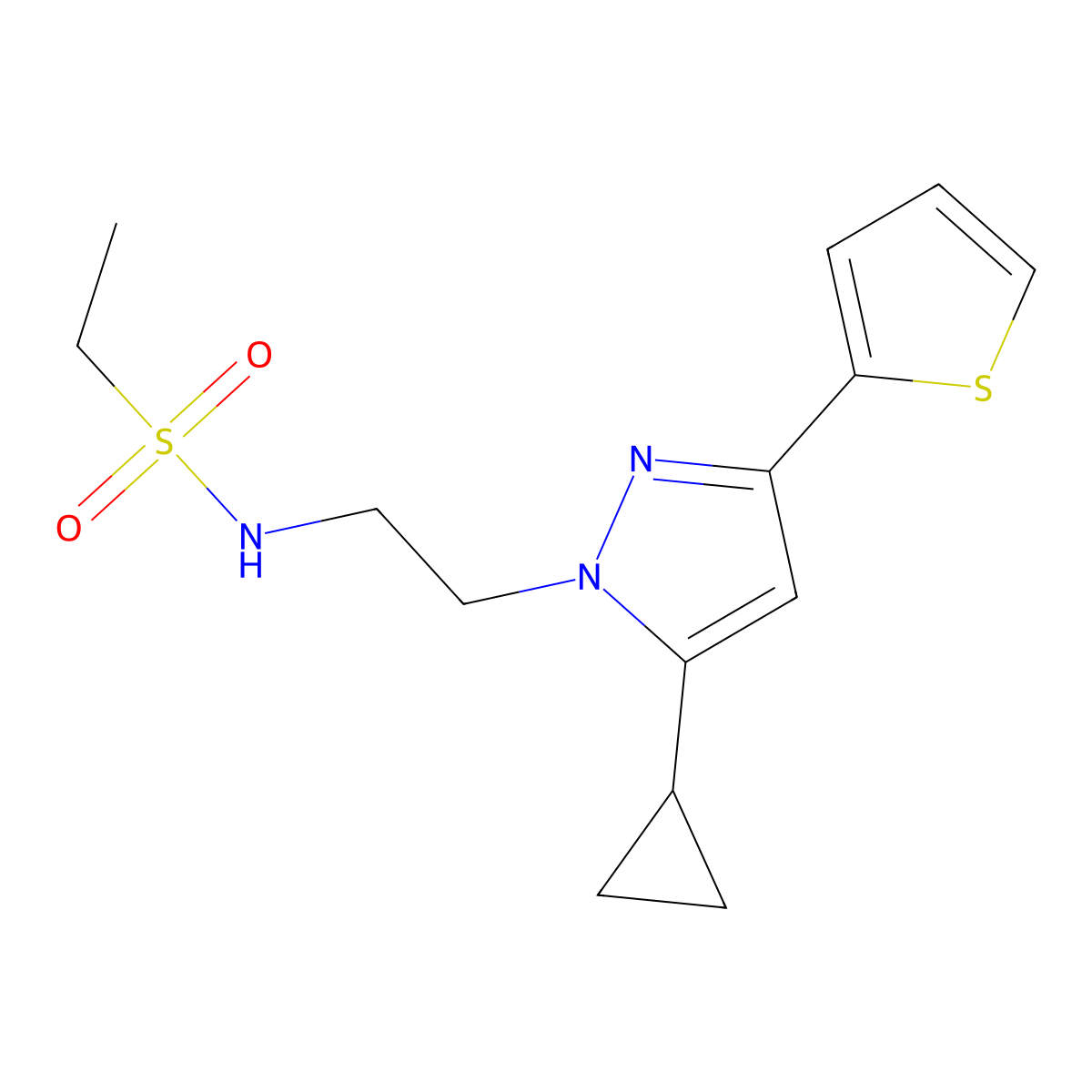 N-(2-(5-cyclopropyl-3-(thiophen-2-yl)-1H-pyrazol-1-yl)ethyl)ethanesulfonamide molecular structure, CAS 1797976-51-2