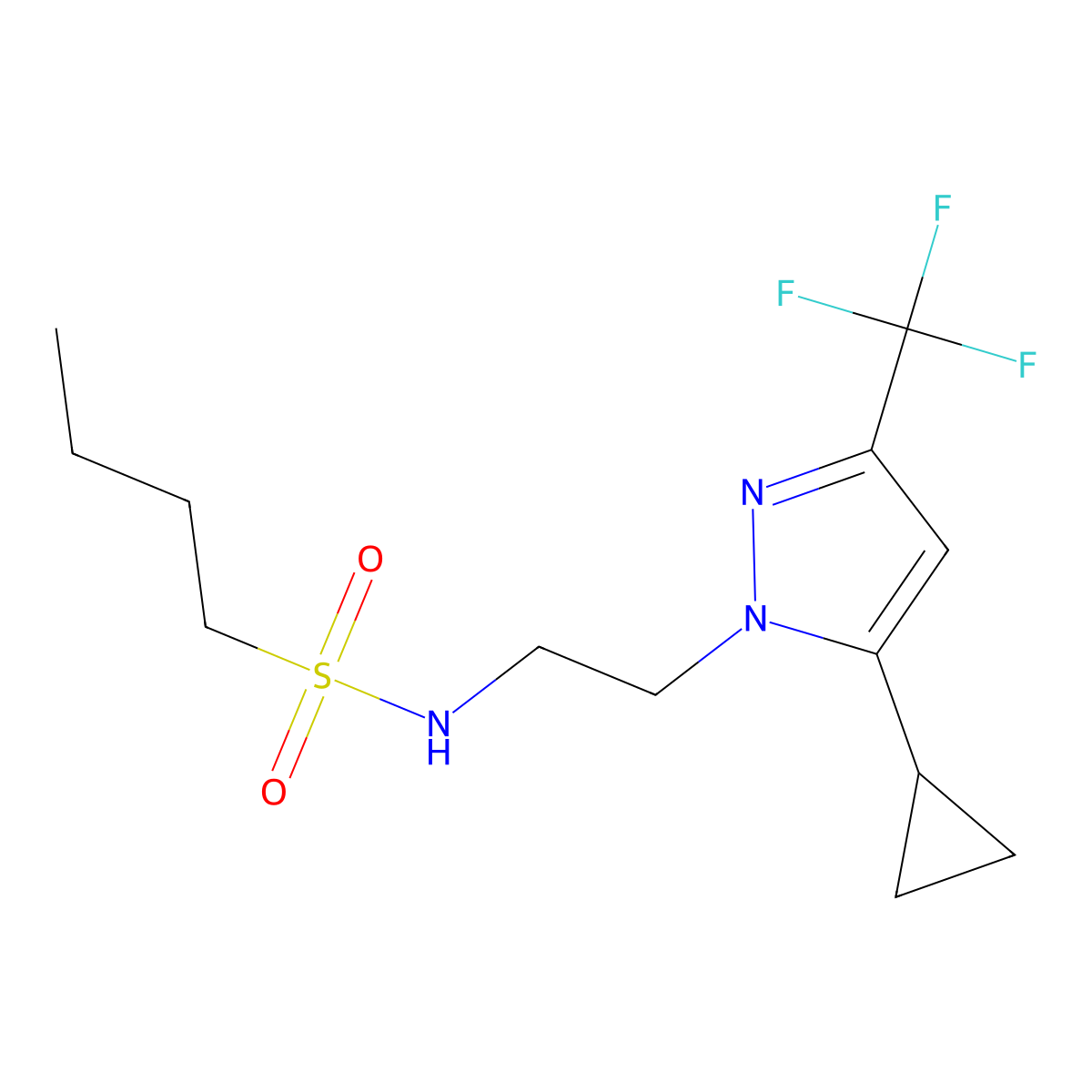 N-(2-(5-cyclopropyl-3-(trifluoromethyl)-1H-pyrazol-1-yl)ethyl)butane-1-sulfonamide molecular structure, CAS 1797976-59-0