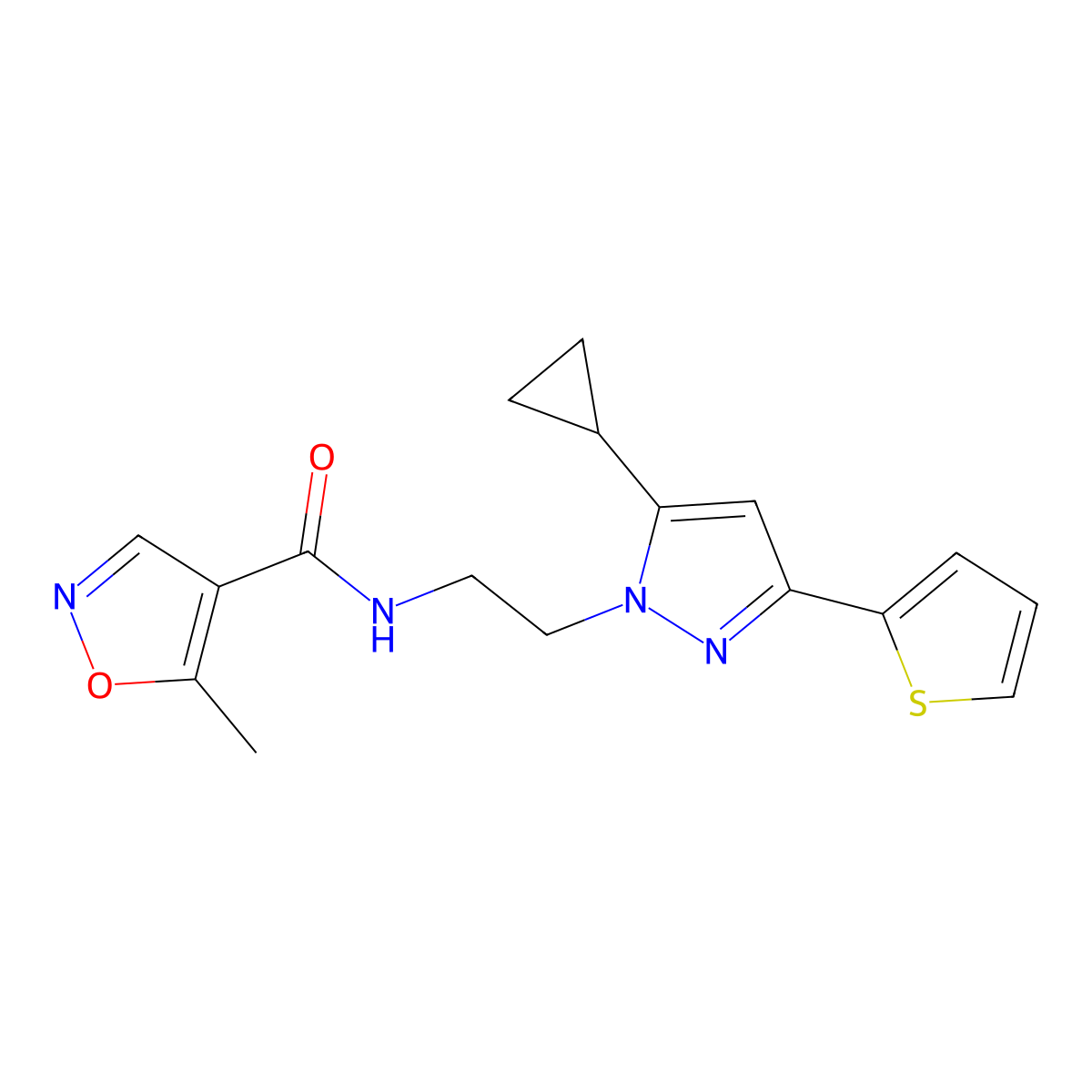 N-(2-(5-cyclopropyl-3-(thiophen-2-yl)-1H-pyrazol-1-yl)ethyl)-5-methylisoxazole-4-carboxamide molecular structure, CAS 1797976-63-6