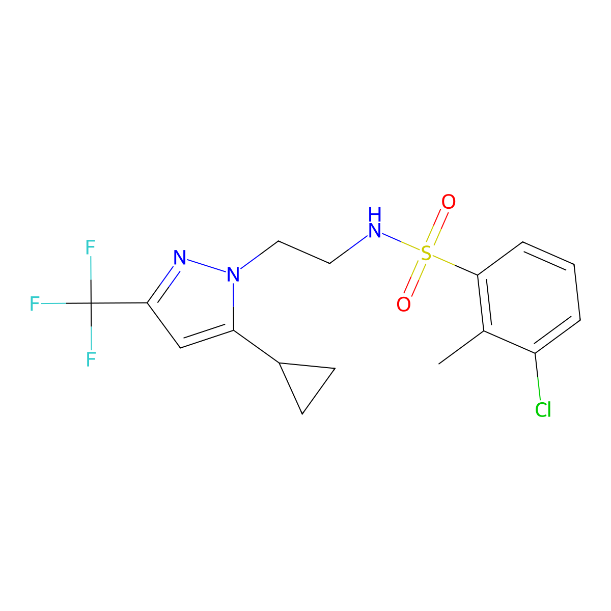 3-chloro-N-(2-(5-cyclopropyl-3-(trifluoromethyl)-1H-pyrazol-1-yl)ethyl)-2-methylbenzenesulfonamide molecular structure, CAS 1797976-64-7