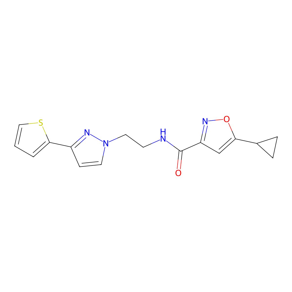 5-cyclopropyl-N-(2-(3-(thiophen-2-yl)-1H-pyrazol-1-yl)ethyl)isoxazole-3-carboxamide molecular structure, CAS 1797976-80-7