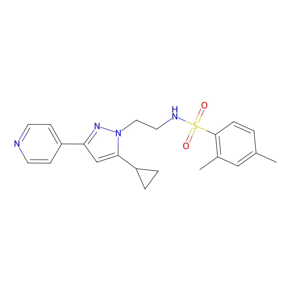 N-(2-(5-cyclopropyl-3-(pyridin-4-yl)-1H-pyrazol-1-yl)ethyl)-2,4-dimethylbenzenesulfonamide molecular structure, CAS 1797976-82-9