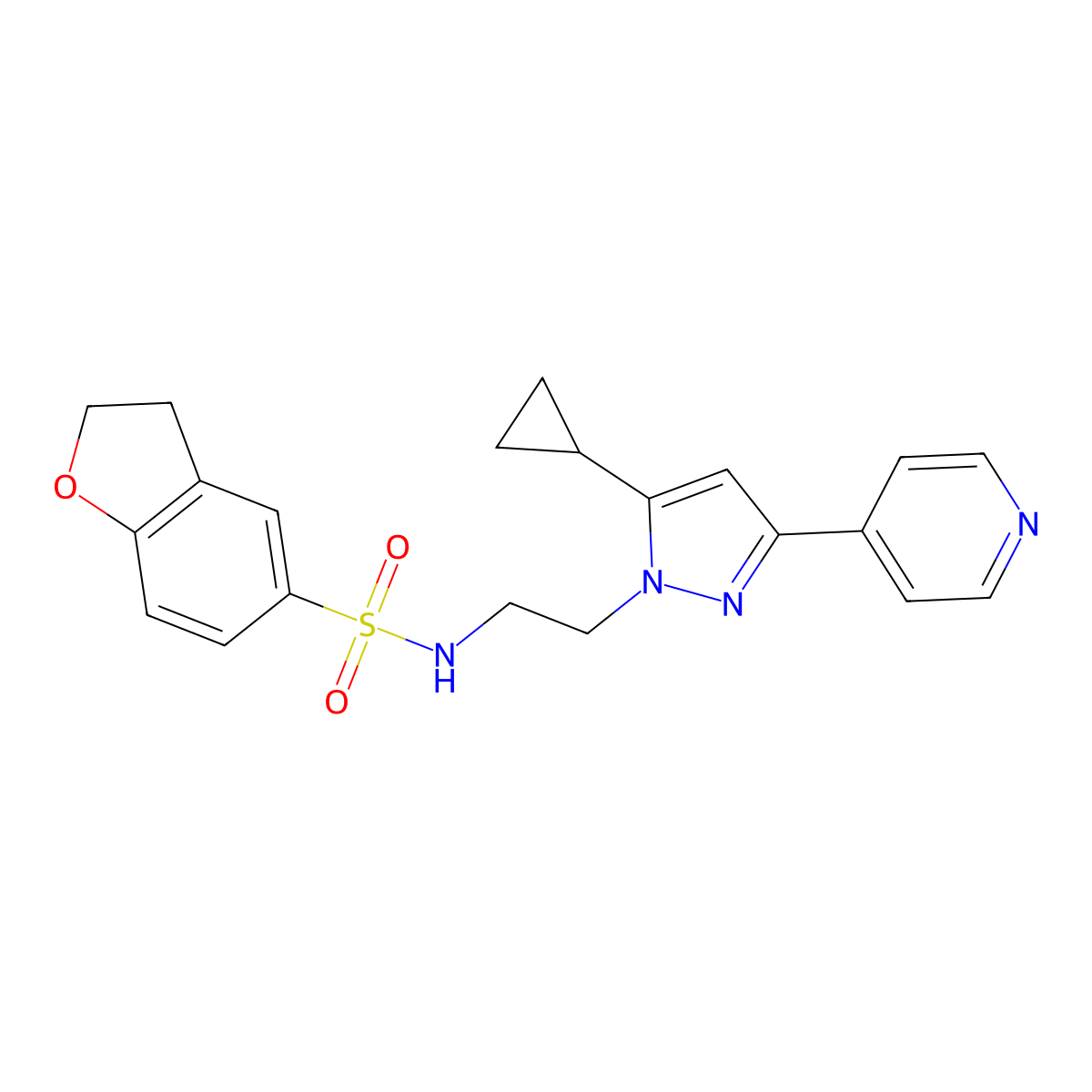 N-(2-(5-cyclopropyl-3-(pyridin-4-yl)-1H-pyrazol-1-yl)ethyl)-2,3-dihydrobenzofuran-5-sulfonamide molecular structure, CAS 1797976-90-9