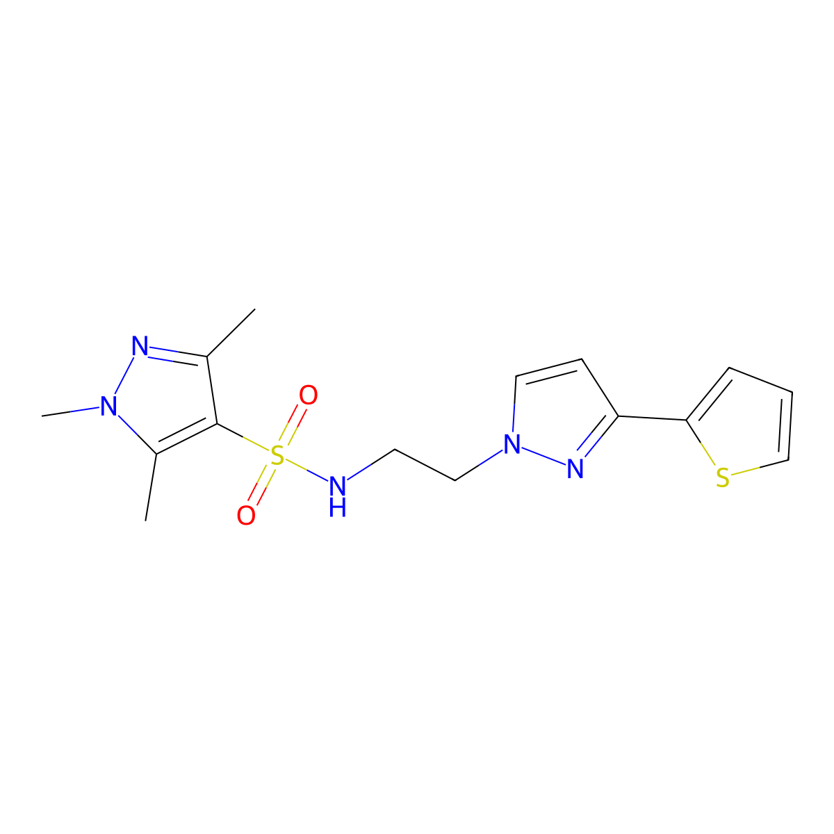 1,3,5-trimethyl-N-(2-(3-(thiophen-2-yl)-1H-pyrazol-1-yl)ethyl)-1H-pyrazole-4-sulfonamide molecular structure, CAS 1797976-92-1