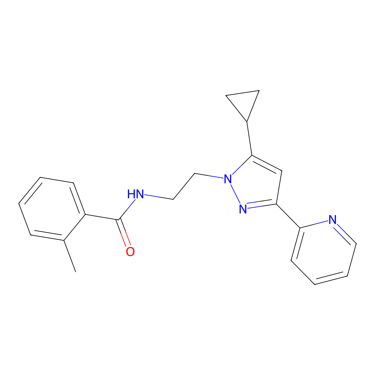 N-{2-[5-cyclopropyl-3-(pyridin-2-yl)-1H-pyrazol-1-yl]ethyl}-2-methylbenzamide molecular structure, CAS 1797977-02-6
