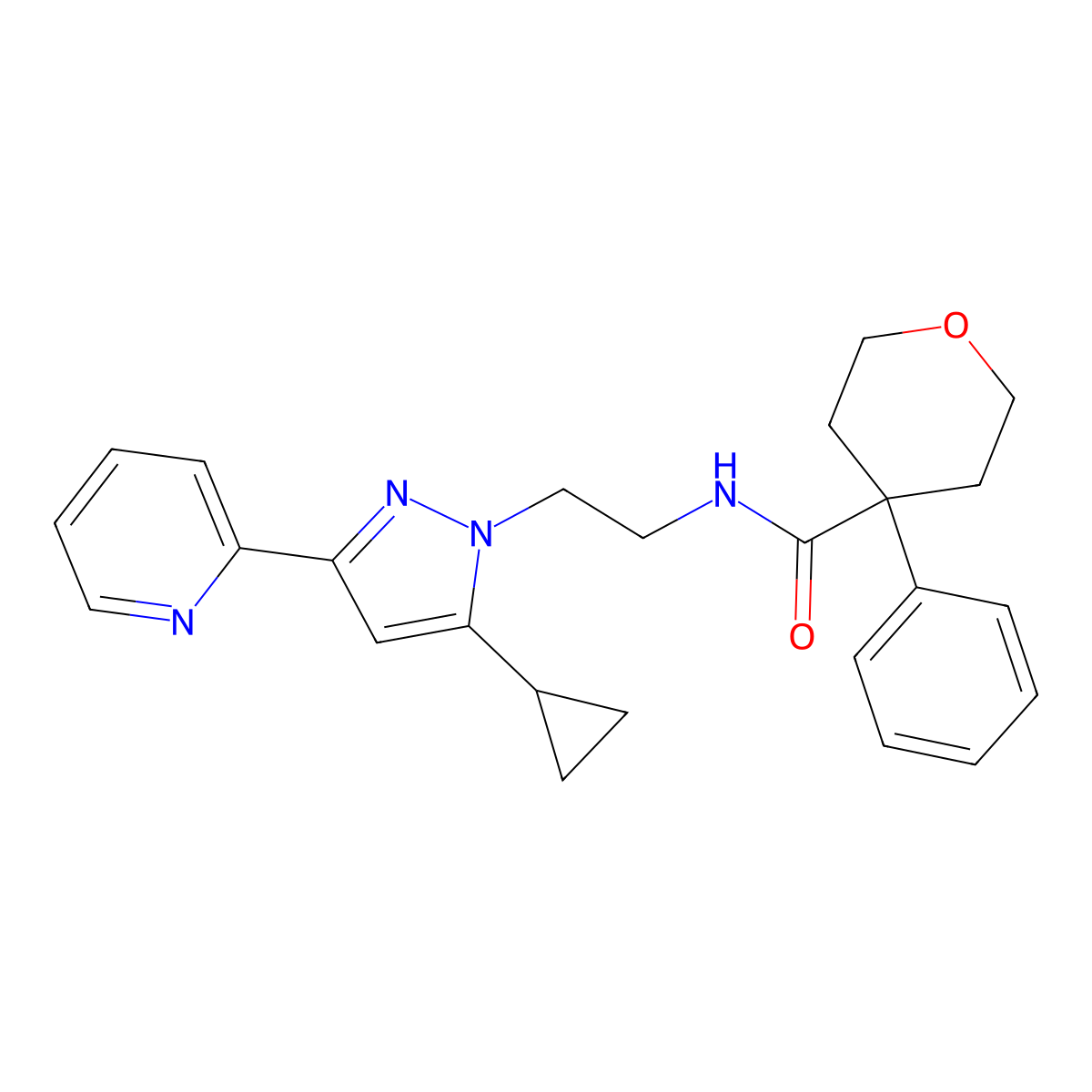 N-(2-(5-cyclopropyl-3-(pyridin-2-yl)-1H-pyrazol-1-yl)ethyl)-4-phenyltetrahydro-2H-pyran-4-carboxamide molecular structure, CAS 1797977-15-1