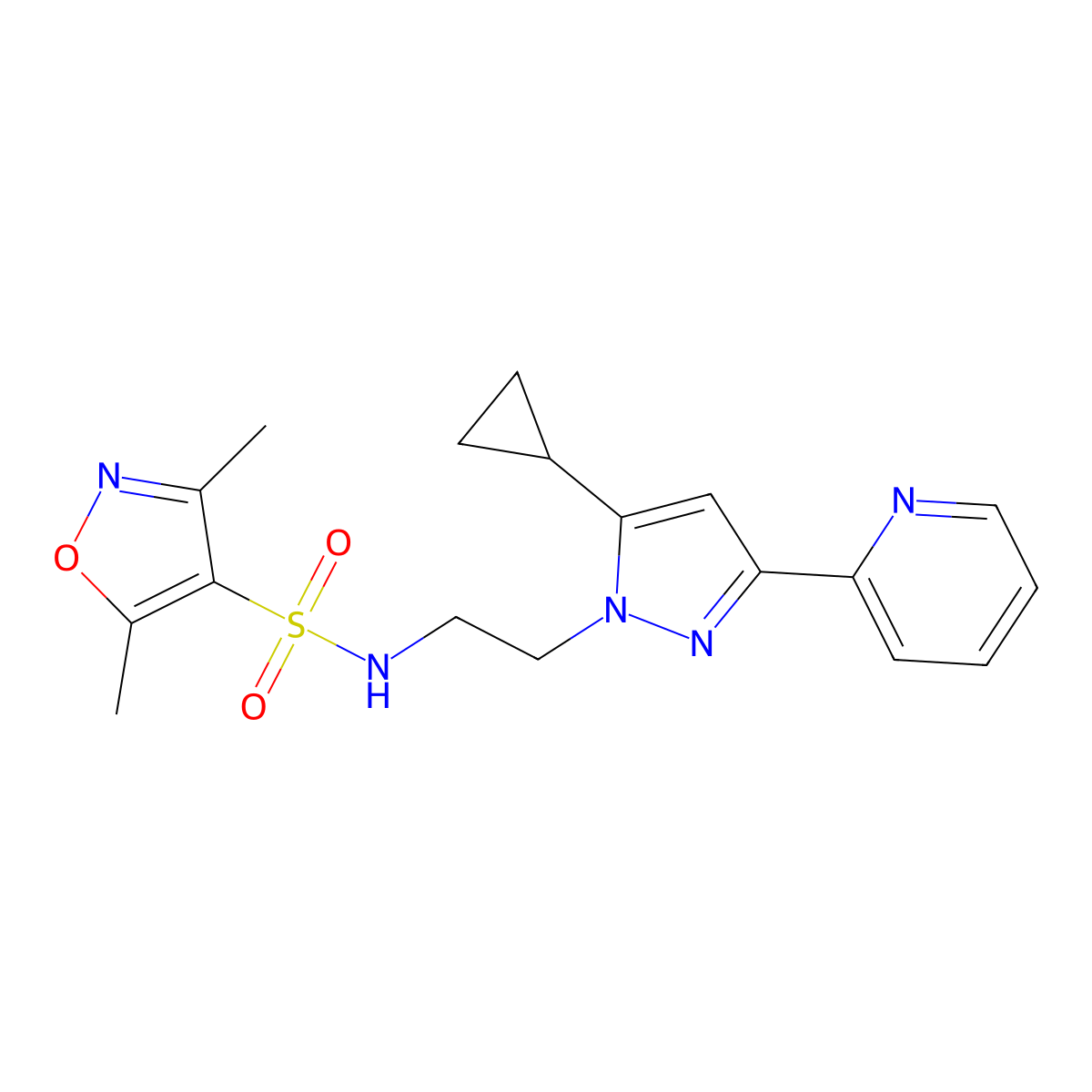 N-(2-(5-cyclopropyl-3-(pyridin-2-yl)-1H-pyrazol-1-yl)ethyl)-3,5-dimethylisoxazole-4-sulfonamide molecular structure, CAS 1797977-18-4