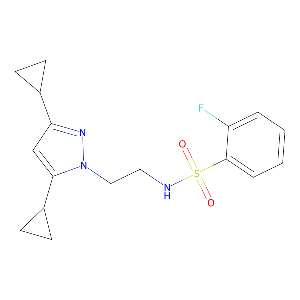 N-(2-(3,5-dicyclopropyl-1H-pyrazol-1-yl)ethyl)-2-fluorobenzenesulfonamide molecular structure, CAS 1797977-25-3