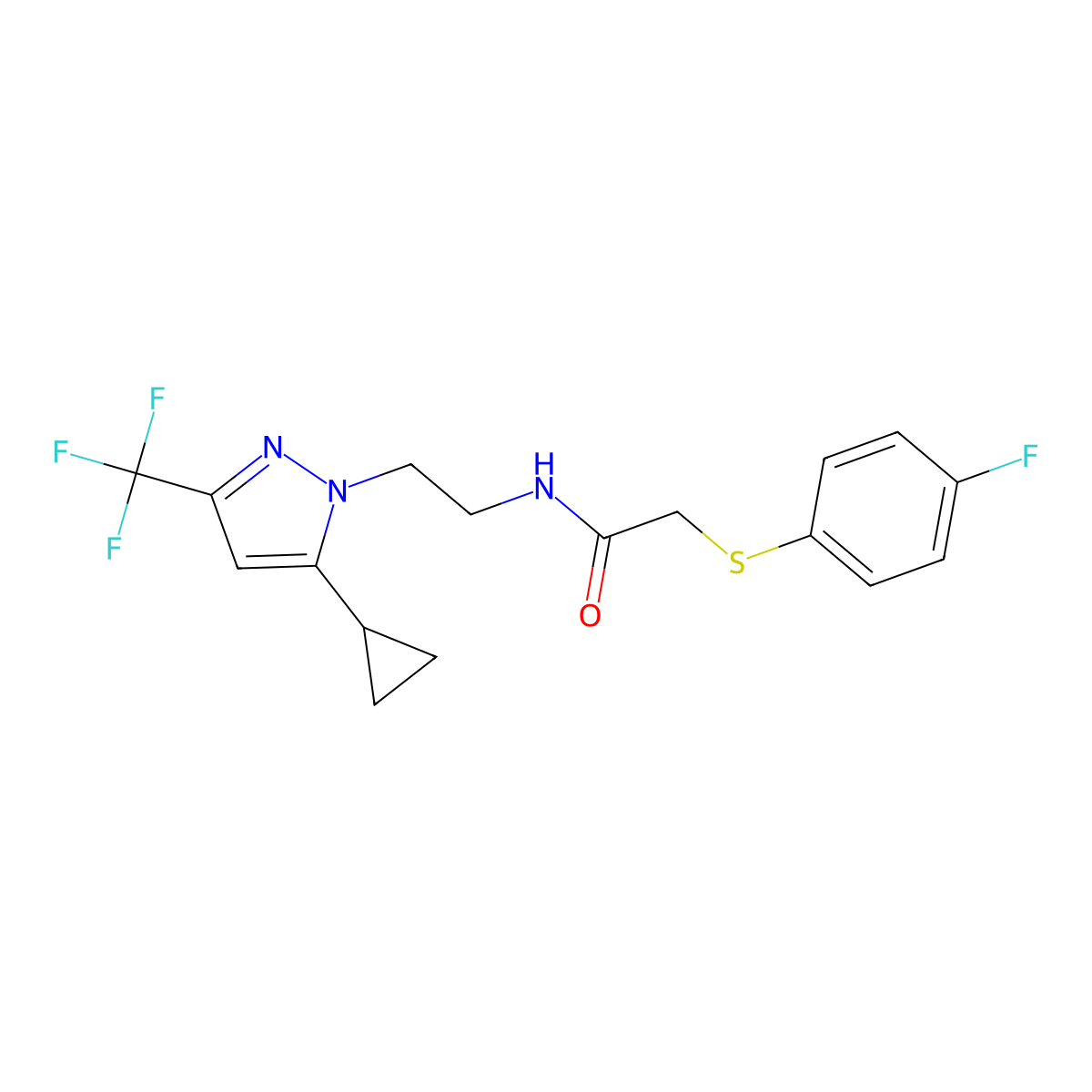 N-(2-(5-cyclopropyl-3-(trifluoromethyl)-1H-pyrazol-1-yl)ethyl)-2-((4-fluorophenyl)thio)acetamide molecular structure, CAS 1797977-34-4