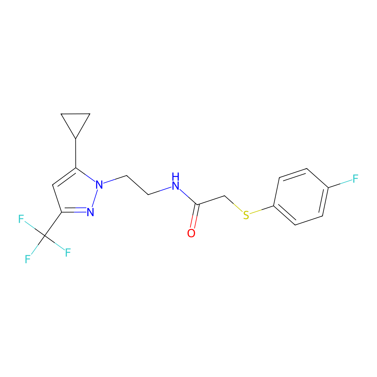 N-(2-(5-cyclopropyl-3-(trifluoromethyl)-1H-pyrazol-1-yl)ethyl)-2-((4-fluorophenyl)thio)acetamide molecular structure, CAS 1797977-34-4