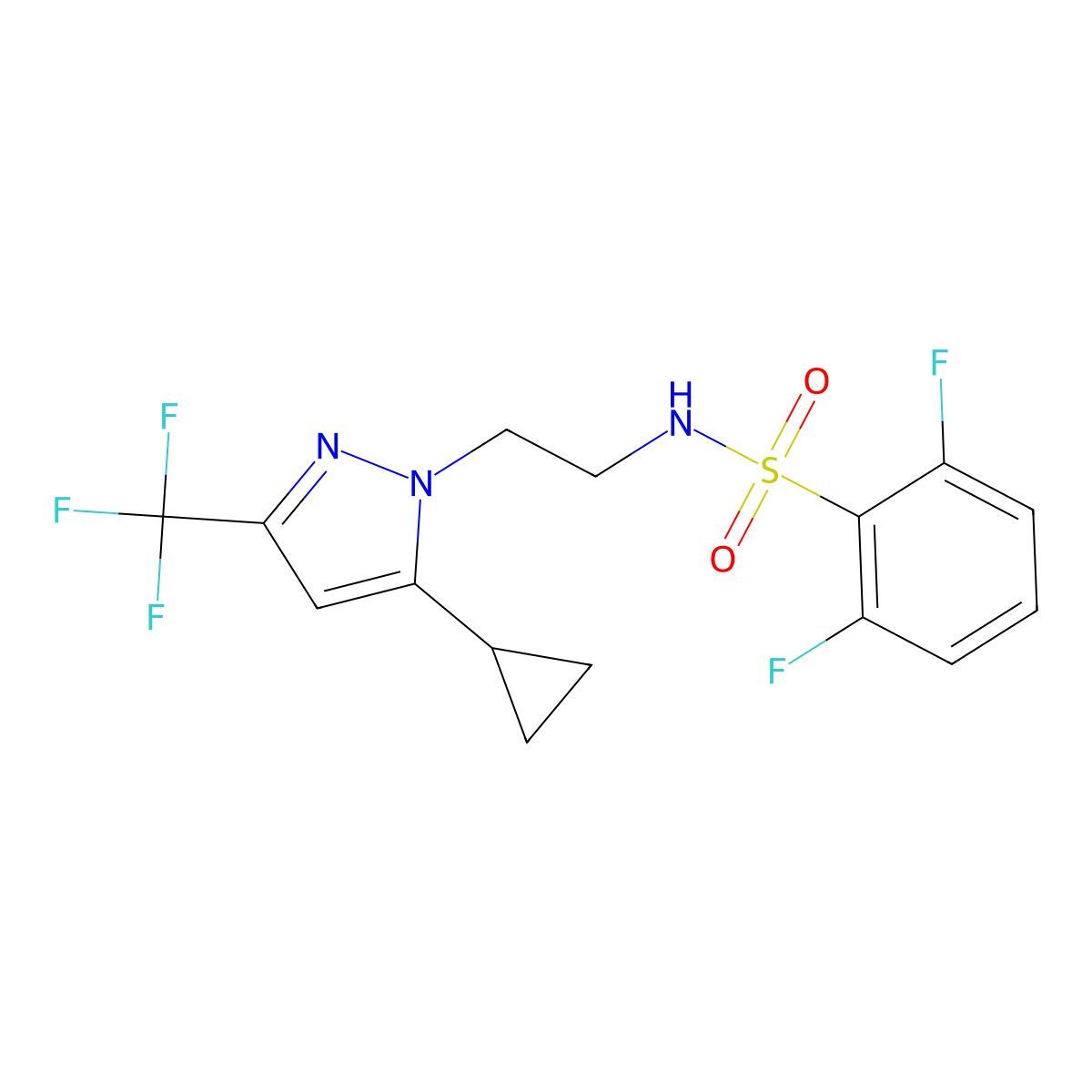 N-(2-(5-cyclopropyl-3-(trifluoromethyl)-1H-pyrazol-1-yl)ethyl)-2,6-difluorobenzenesulfonamide molecular structure, CAS 1797977-38-8