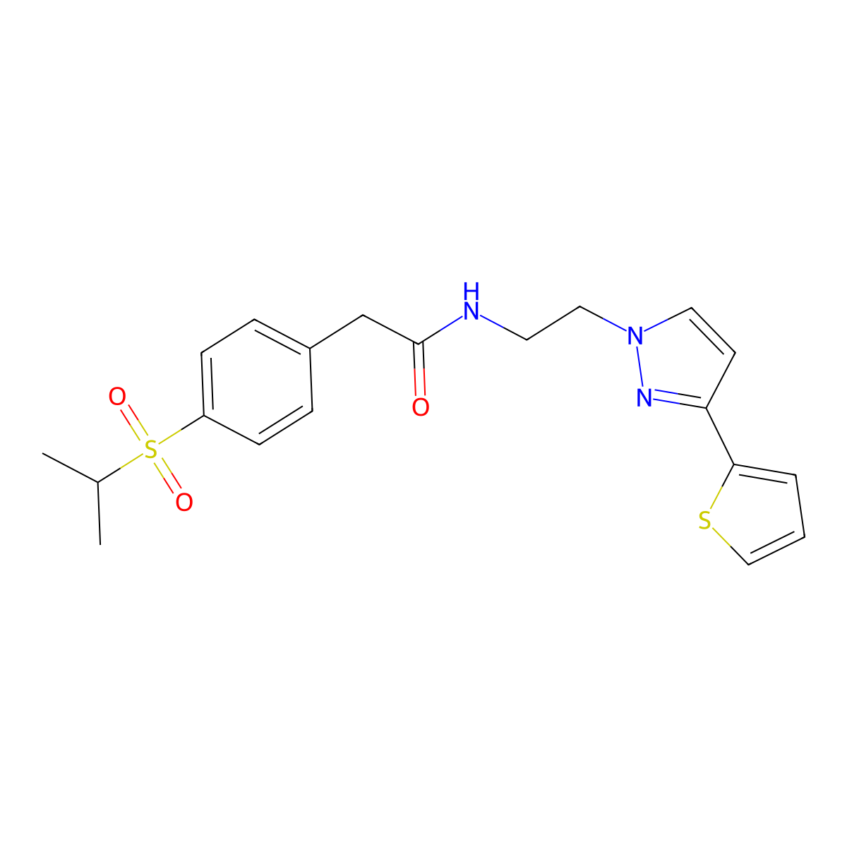 2-(4-(isopropylsulfonyl)phenyl)-N-(2-(3-(thiophen-2-yl)-1H-pyrazol-1-yl)ethyl)acetamide molecular structure, CAS 1797977-41-3