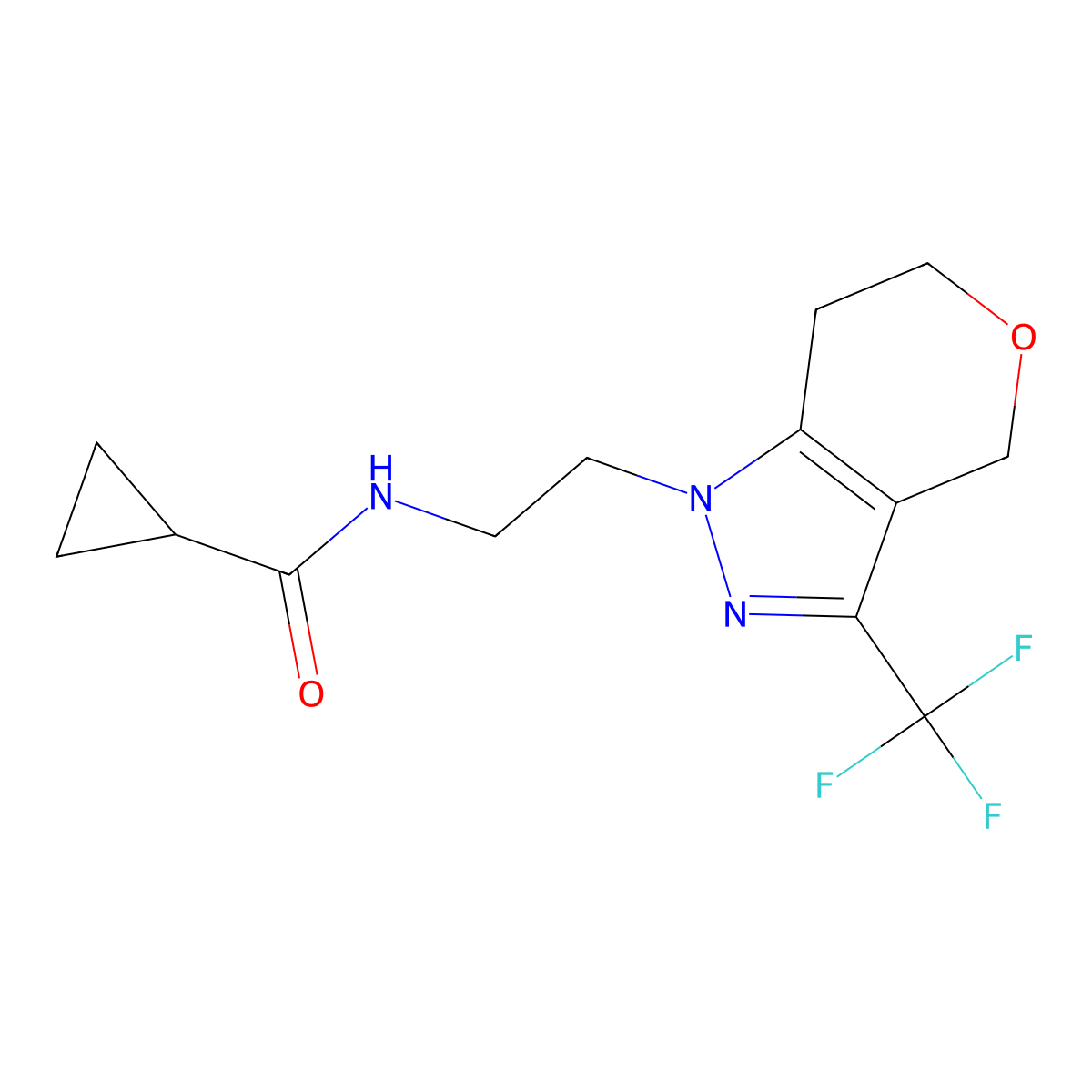 N-(2-(3-(trifluoromethyl)-6,7-dihydropyrano[4,3-c]pyrazol-1(4H)-yl)ethyl)cyclopropanecarboxamide molecular structure, CAS 1797978-69-8