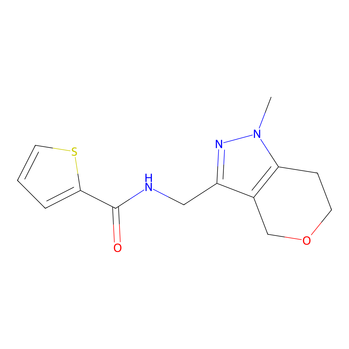 N-((1-methyl-1,4,6,7-tetrahydropyrano[4,3-c]pyrazol-3-yl)methyl)thiophene-2-carboxamide molecular structure, CAS 1797978-73-4