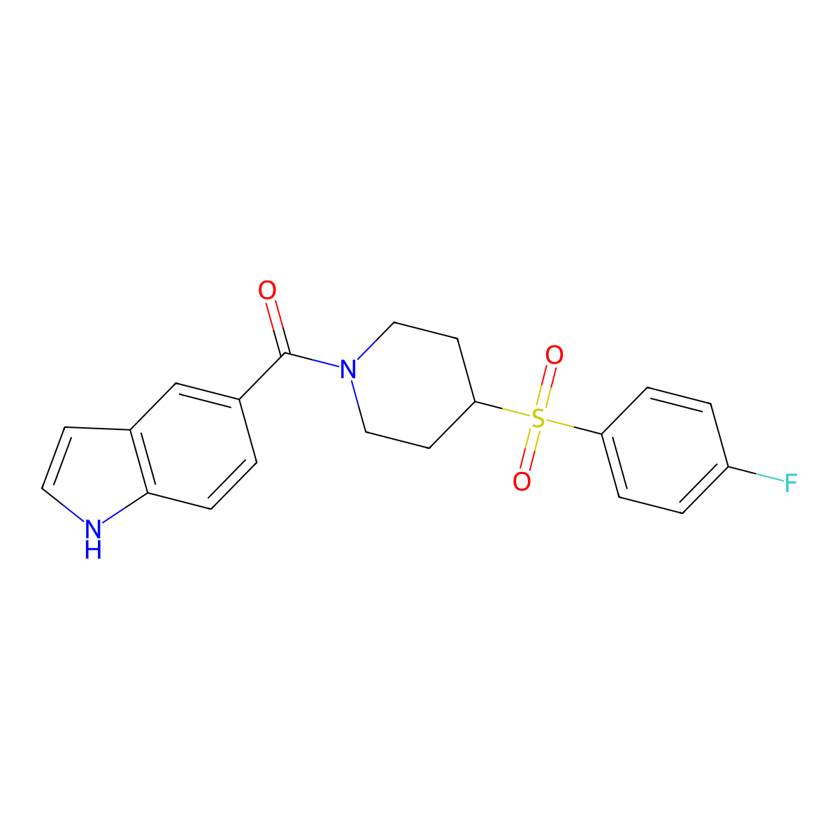 (4-((4-fluorophenyl)sulfonyl)piperidin-1-yl)(1H-indol-5-yl)methanone molecular structure, CAS 1797980-60-9