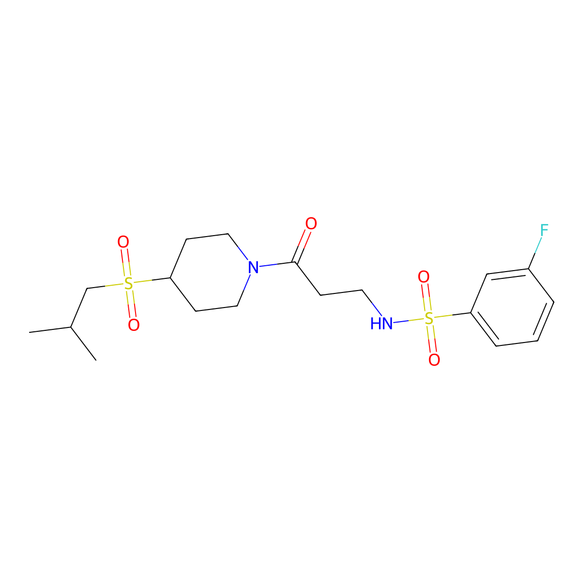 3-fluoro-N-(3-(4-(isobutylsulfonyl)piperidin-1-yl)-3-oxopropyl)benzenesulfonamide molecular structure, CAS 1797980-75-6