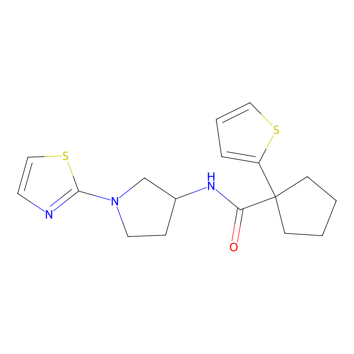 N-(1-(thiazol-2-yl)pyrrolidin-3-yl)-1-(thiophen-2-yl)cyclopentanecarboxamide molecular structure, CAS 1797981-57-7