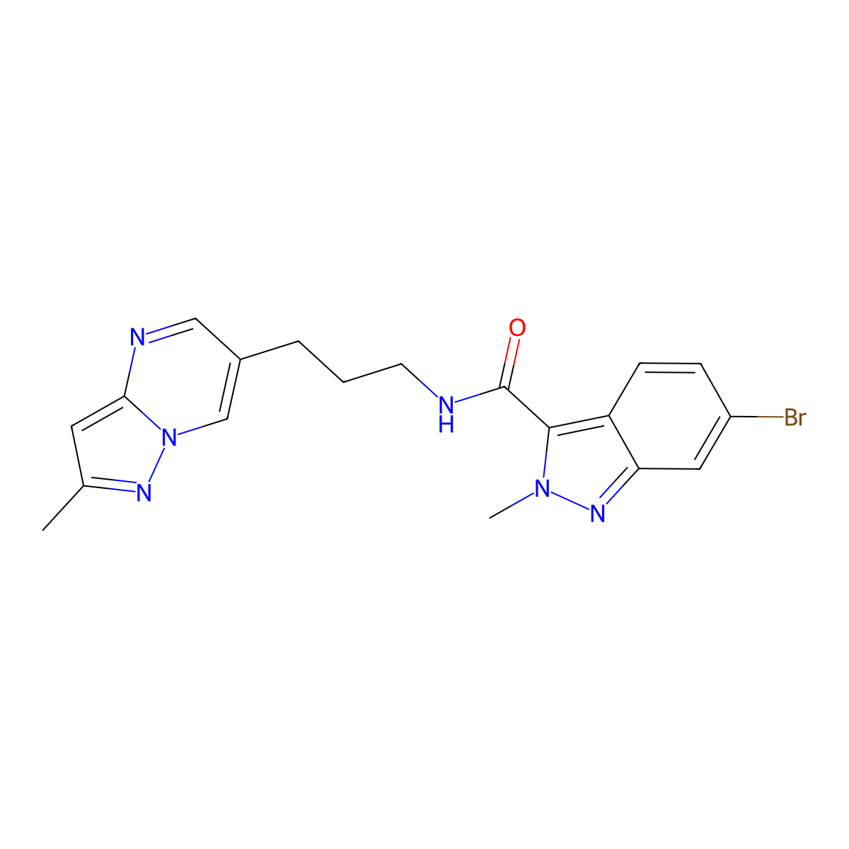 6-bromo-2-methyl-N-(3-{2-methylpyrazolo[1,5-a]pyrimidin-6-yl}propyl)-2H-indazole-3-carboxamide molecular structure, CAS 1797982-00-3