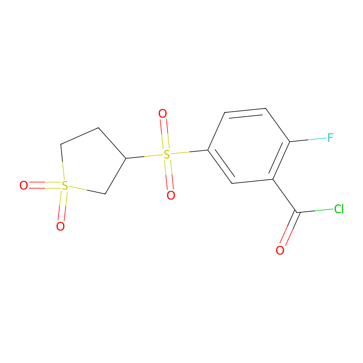 5-[(1,1-Dioxo-1$l^{6}-thiolan-3-yl)sulfonyl]-2-fluorobenzoyl chloride molecular structure, CAS 1797982-95-6