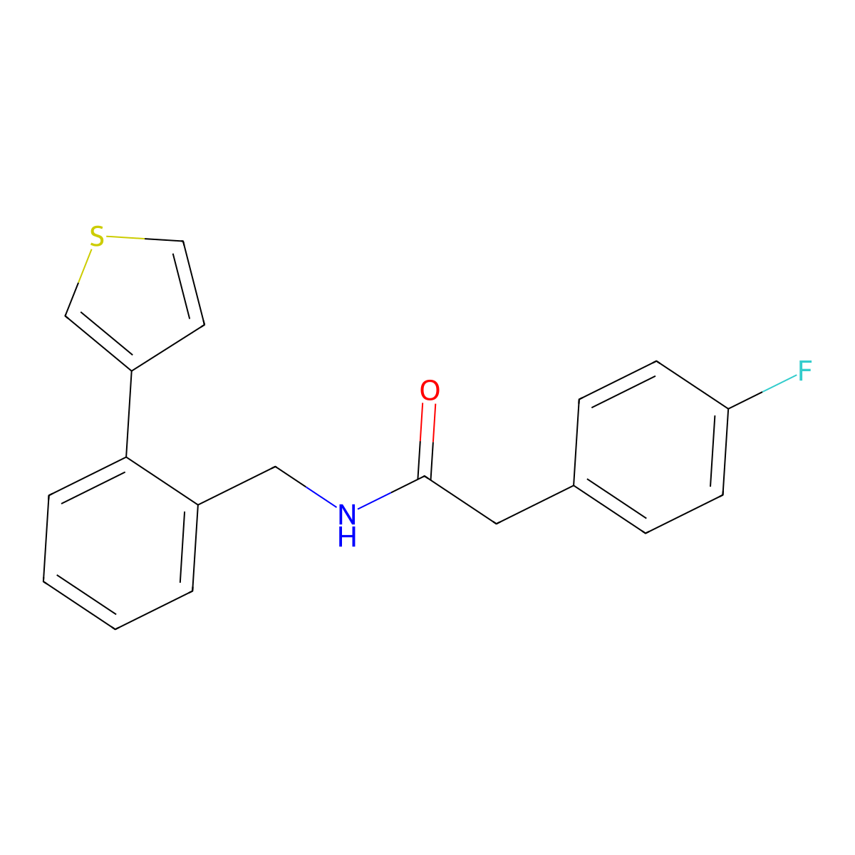 2-(4-fluorophenyl)-N-(2-(thiophen-3-yl)benzyl)acetamide molecular structure, CAS 1797983-45-9