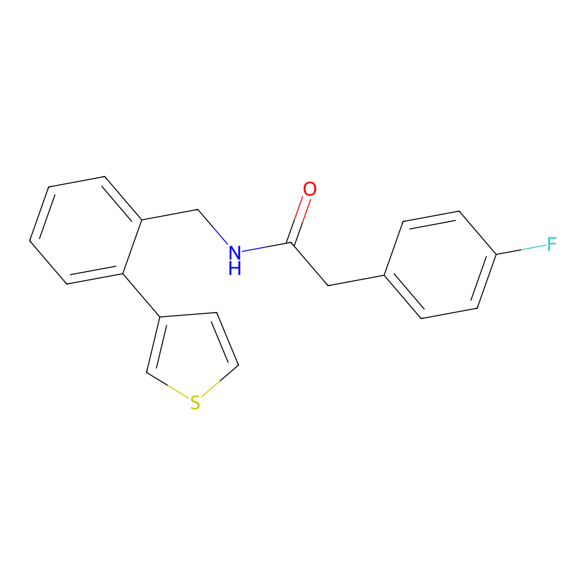 2-(4-fluorophenyl)-N-(2-(thiophen-3-yl)benzyl)acetamide molecular structure, CAS 1797983-45-9