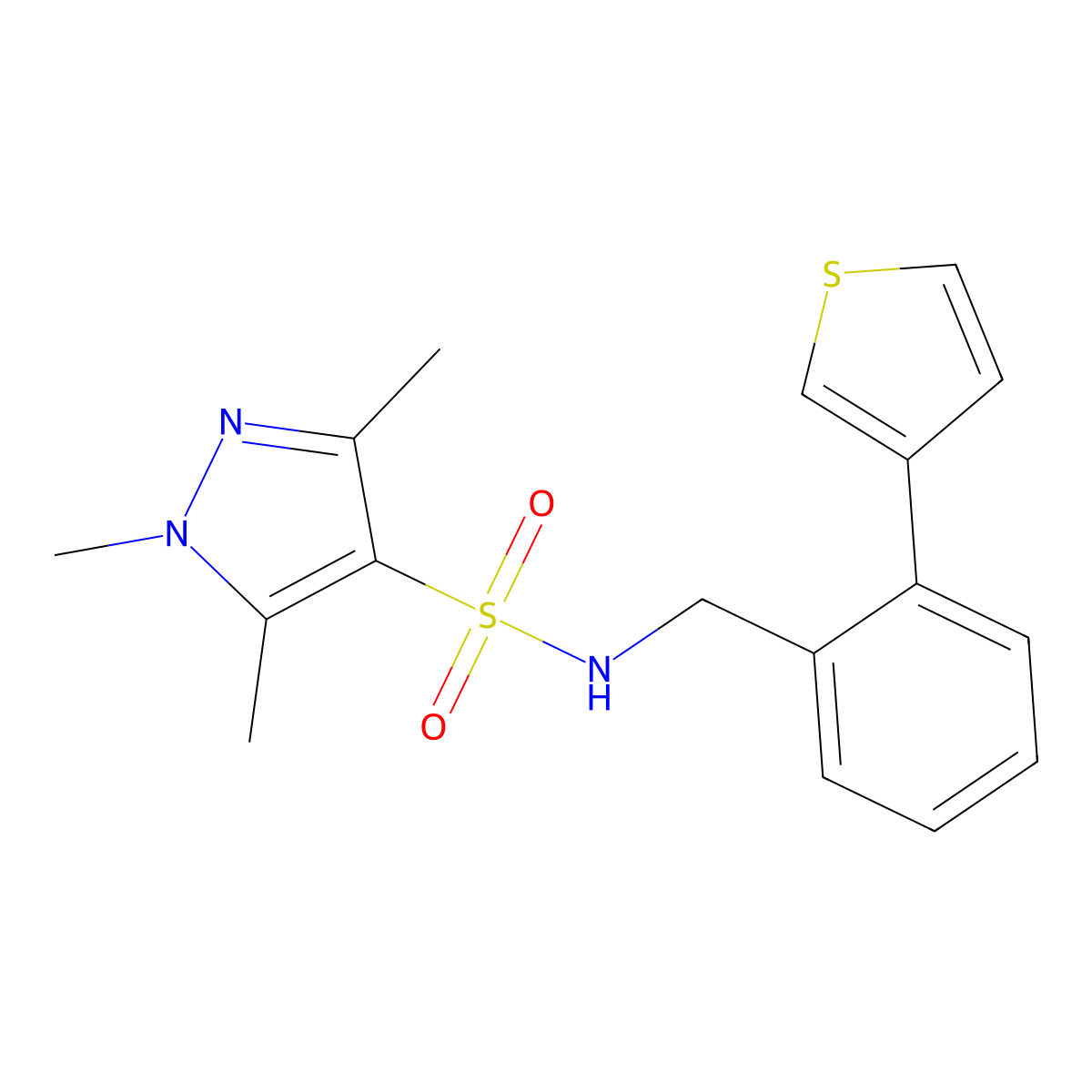 1,3,5-trimethyl-N-(2-(thiophen-3-yl)benzyl)-1H-pyrazole-4-sulfonamide molecular structure, CAS 1797984-24-7