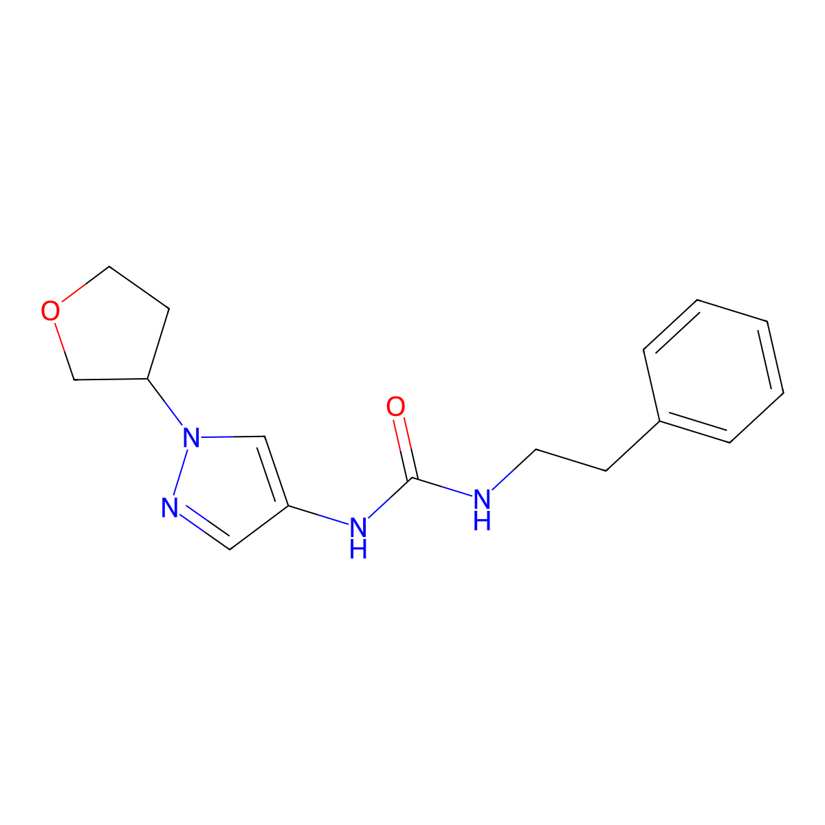 1-phenethyl-3-(1-(tetrahydrofuran-3-yl)-1H-pyrazol-4-yl)urea molecular structure, CAS 1797984-43-0