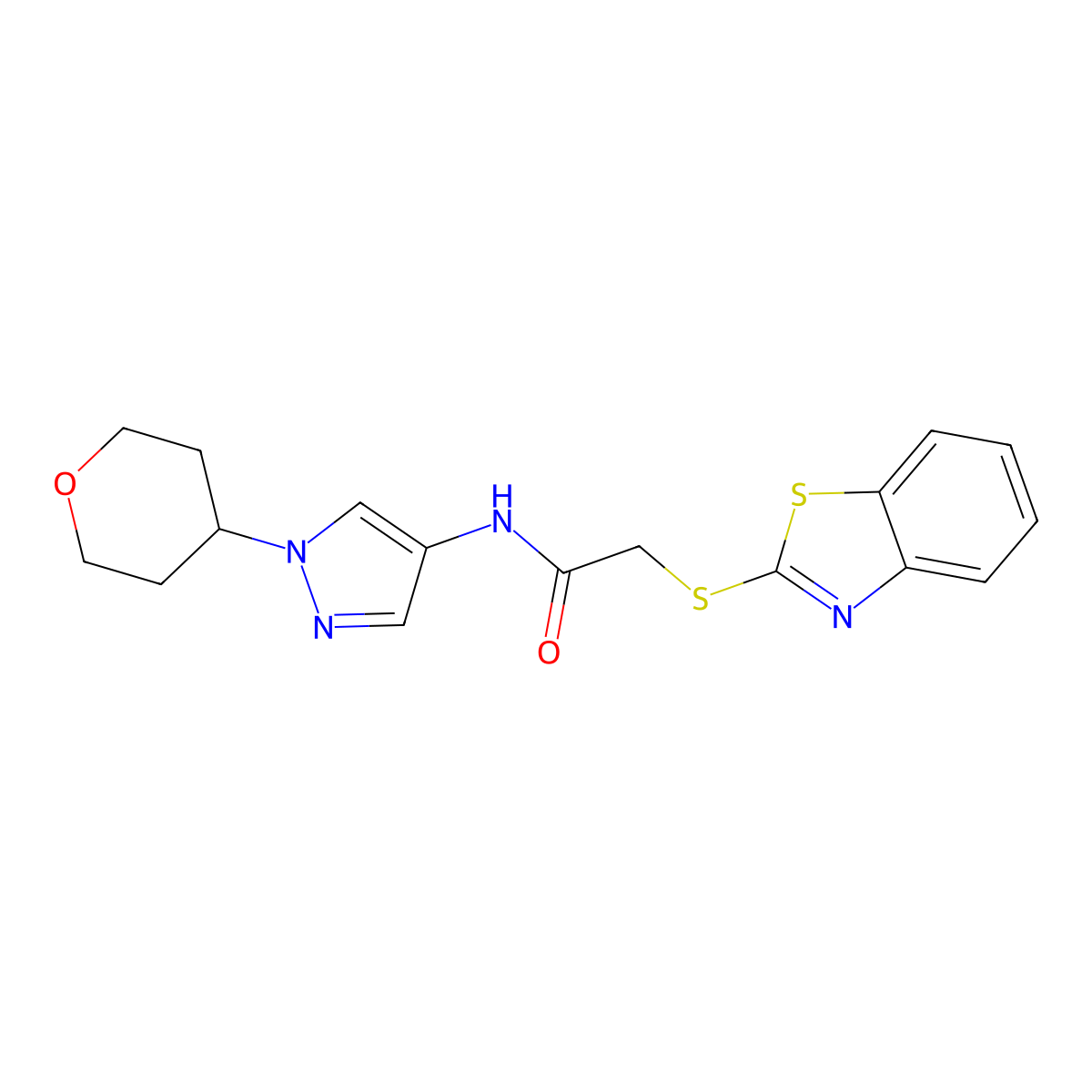 2-(benzo[d]thiazol-2-ylthio)-N-(1-(tetrahydro-2H-pyran-4-yl)-1H-pyrazol-4-yl)acetamide molecular structure, CAS 1797984-75-8