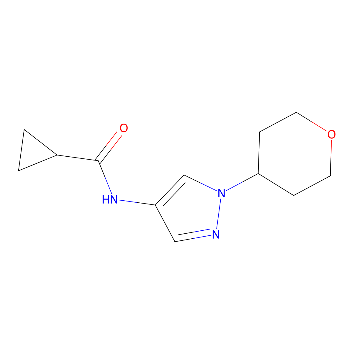 N-(1-(tetrahydro-2H-pyran-4-yl)-1H-pyrazol-4-yl)cyclopropanecarboxamide molecular structure, CAS 1797984-79-2