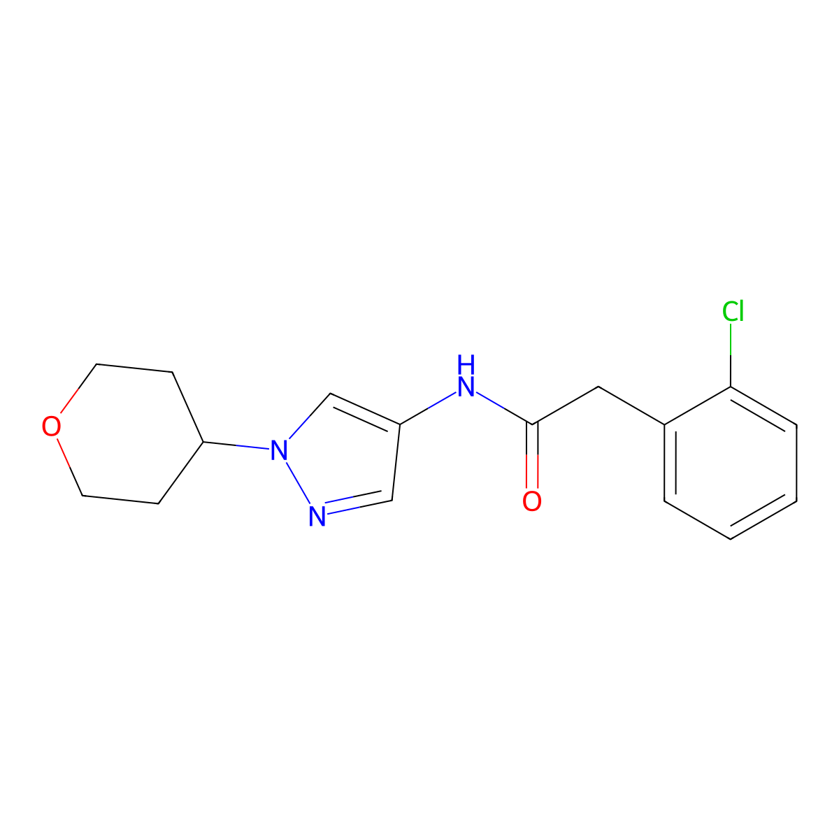 2-(2-chlorophenyl)-N-[1-(oxan-4-yl)-1H-pyrazol-4-yl]acetamide molecular structure, CAS 1797984-86-1