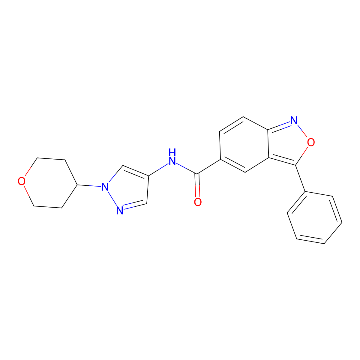 3-phenyl-N-(1-(tetrahydro-2H-pyran-4-yl)-1H-pyrazol-4-yl)benzo[c]isoxazole-5-carboxamide molecular structure, CAS 1797984-92-9