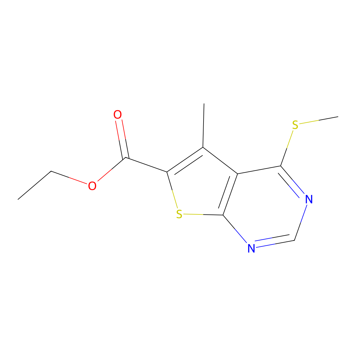 Ethyl 5-methyl-4-(methylsulfanyl)thieno[2,3-d]pyrimidine-6-carboxylate molecular structure, CAS 1797985-05-7
