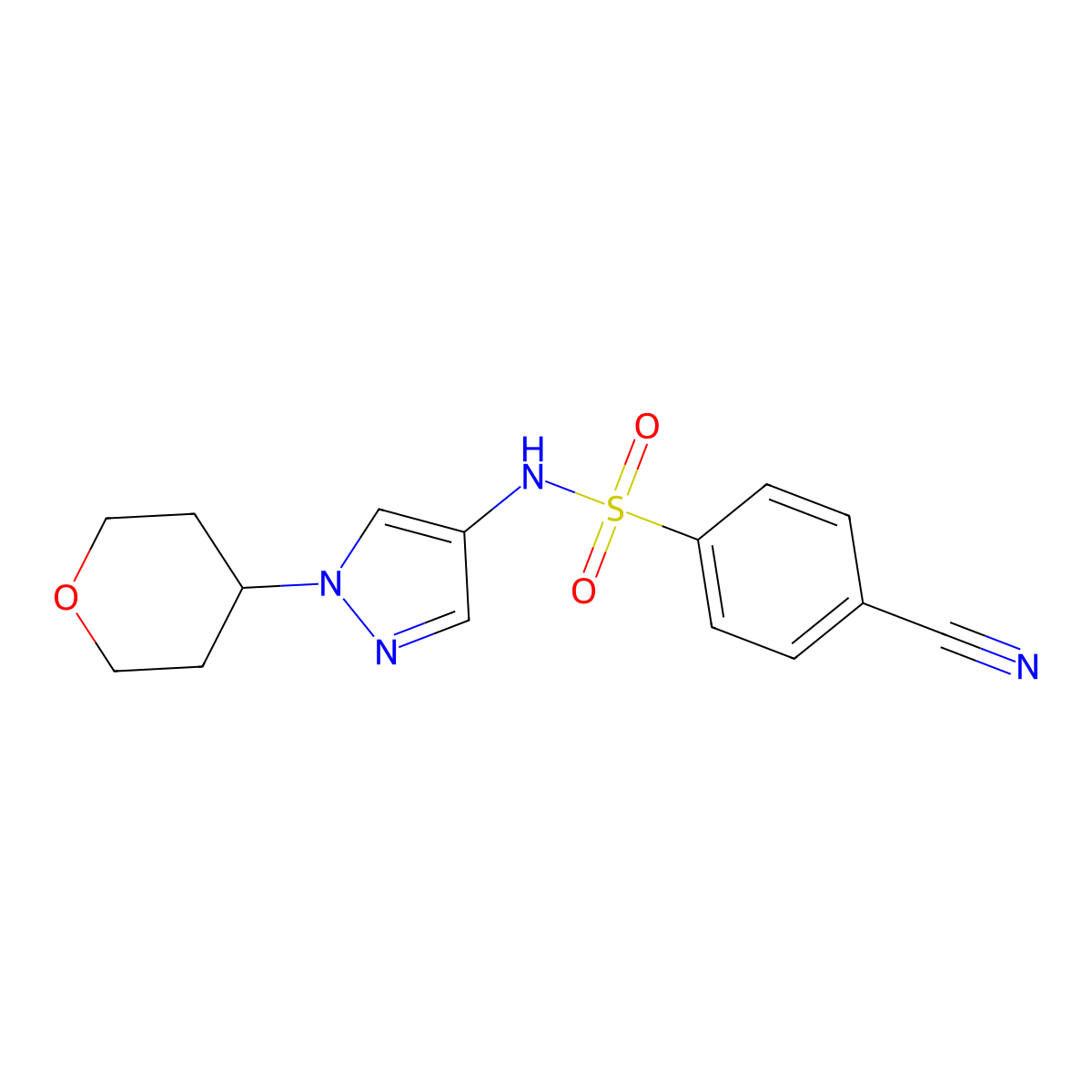 4-cyano-N-(1-(tetrahydro-2H-pyran-4-yl)-1H-pyrazol-4-yl)benzenesulfonamide molecular structure, CAS 1797985-23-9
