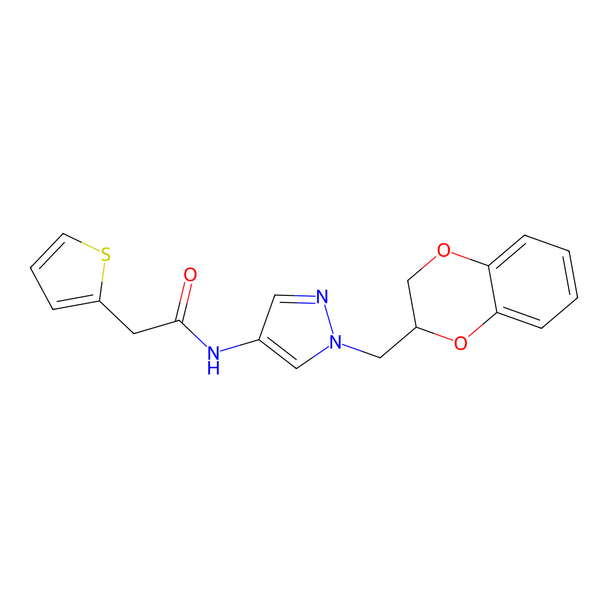 N-(1-((2,3-dihydrobenzo[b][1,4]dioxin-2-yl)methyl)-1H-pyrazol-4-yl)-2-(thiophen-2-yl)acetamide molecular structure, CAS 1797985-51-3