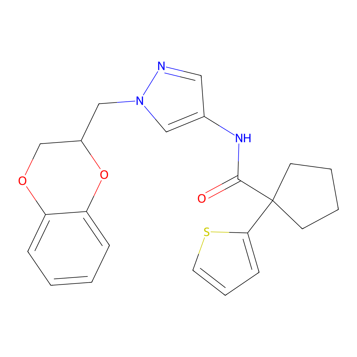 N-(1-((2,3-dihydrobenzo[b][1,4]dioxin-2-yl)methyl)-1H-pyrazol-4-yl)-1-(thiophen-2-yl)cyclopentanecarboxamide molecular structure, CAS 1797985-57-9