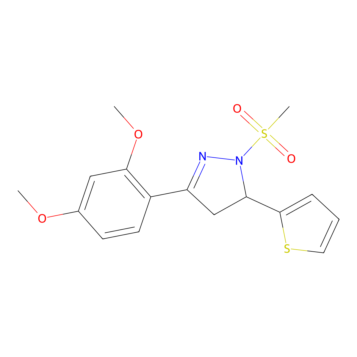 3-(2,4-dimethoxyphenyl)-1-methanesulfonyl-5-(thiophen-2-yl)-4,5-dihydro-1H-pyrazole molecular structure, CAS 1798004-58-6