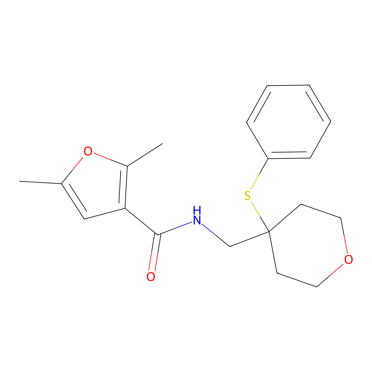 2,5-dimethyl-N-{[4-(phenylsulfanyl)oxan-4-yl]methyl}furan-3-carboxamide molecular structure, CAS 1798015-28-7