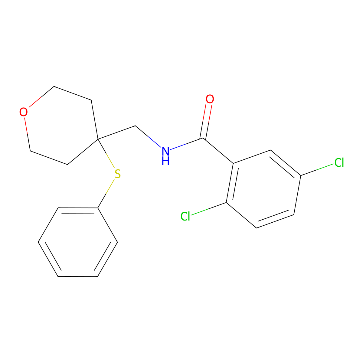 2,5-dichloro-N-((4-(phenylthio)tetrahydro-2H-pyran-4-yl)methyl)benzamide molecular structure, CAS 1798015-47-0